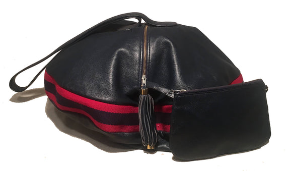 Rare Gucci Vintage Navy Leather Striped Canvas Shoulder Bag