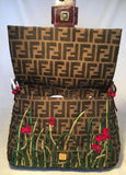 Fendi Floral Embroidered Beaded Monogram Zucca Print Large Baguette