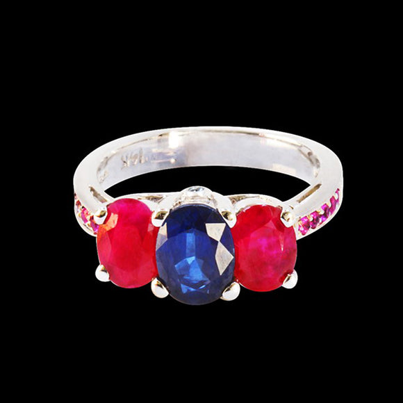 1.51CT NATURAL PINK,BLUE SAPPHIRE AND RUBY 14K WHITE GOLD RING