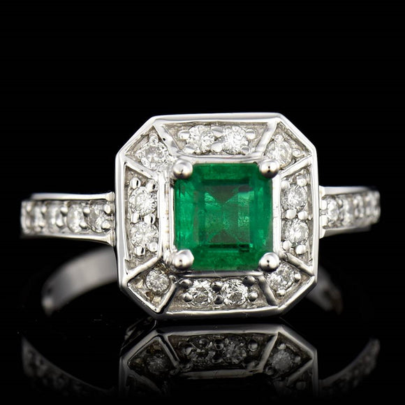 0.89CT NATURAL COLOMBIAN EMERALD 14K WHITE GOLD RING 