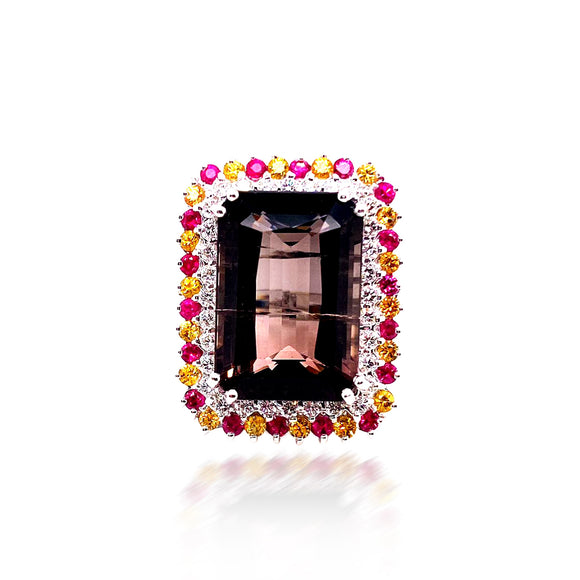 27.74CT NATURAL BIO COLOR TOURMALINE, RUBY AND SAPPHIRE 14K W/G RING