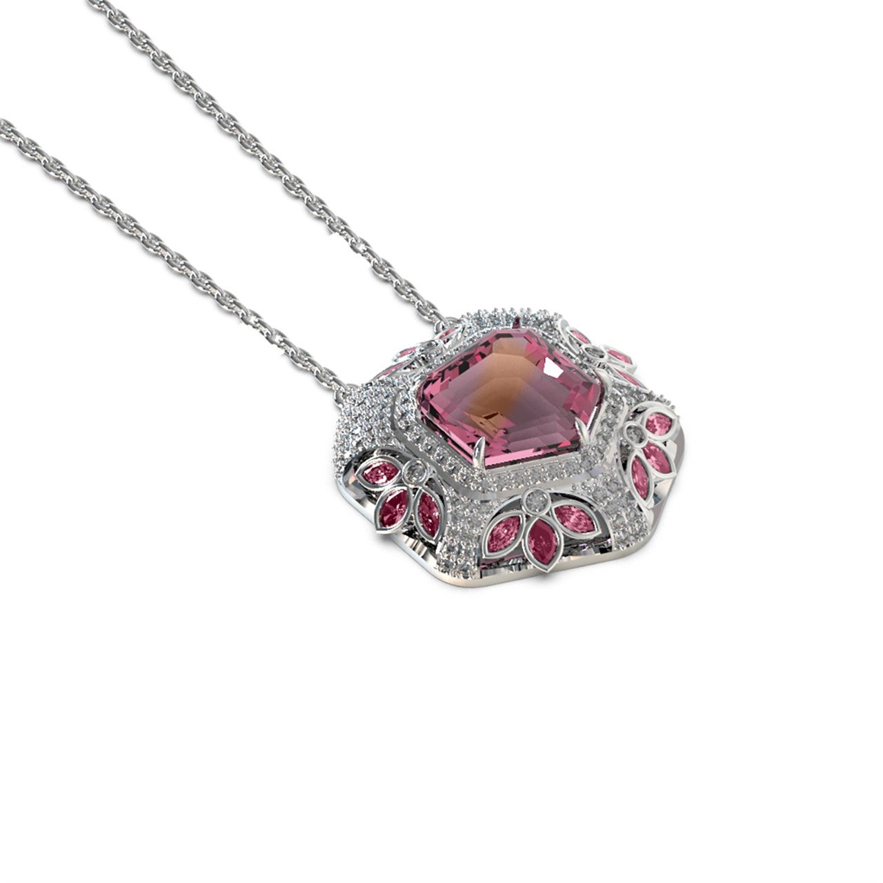 Pink Sapphire, Pink Tourmaline and Diamond Pendant in White Gold