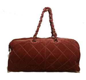 Chanel Maroon Suede Quilted Leather Duffel Tote Bag