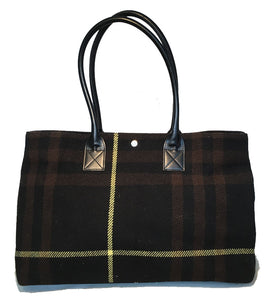 Burberry Black Brown and Yellow Wool Plaid Tote