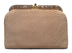 Judith Leiber Vintage Rouched Tan Silk and Swarovski Crystal Clutch