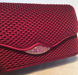 Judith Leiber Dark Red Satin Silk and Swarovski Crystal Evening Bag Clutch