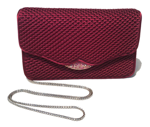 Judith Leiber Dark Red Satin Silk and Swarovski Crystal Evening Bag Clutch