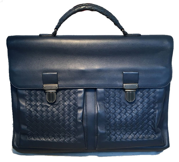 Bottega Veneta Navy Blue Leather Briefcase