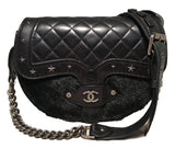 Chanel Black Fur and Leather Saddle Shoulder Bag
