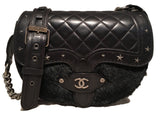 Chanel Black Fur and Leather Saddle Shoulder Bag