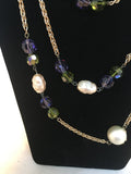 Chanel Vintage Large Pearls and Green and Purple Crystal Bead Gold Necklace