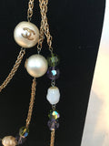 Chanel Vintage Large Pearls and Green and Purple Crystal Bead Gold Necklace