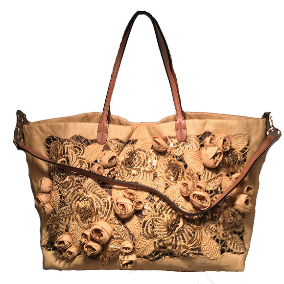 Valentinio Beige Canvas Floral Sequin Tote Bag