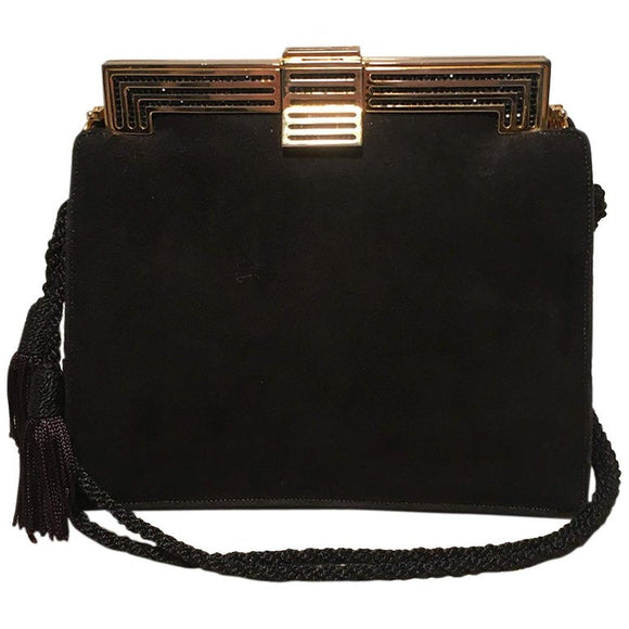 Judith Leiber Black Suede Evening Bag Clutch with Silk Tassel