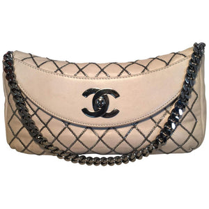 Chanel Beige Leather Gunmetal Chain Quilted Classic Flap Shoulder