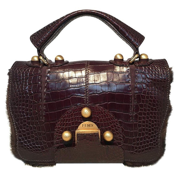 Rare Limited Edition Fendi Brown Alligator and Mink Fur Satchel Handbag