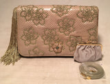 Judith Leiber Vintage Beige Lizard Floral Embroidered Tassel Clutch