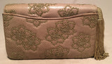 Judith Leiber Vintage Beige Lizard Floral Embroidered Tassel Clutch