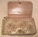 Judith Leiber Vintage Beige Lizard Floral Embroidered Tassel Clutch