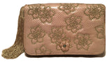 Judith Leiber Vintage Beige Lizard Floral Embroidered Tassel Clutch