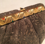 Judith Leiber Vintage Brown Suede Gold Glitter Embossed Clutch