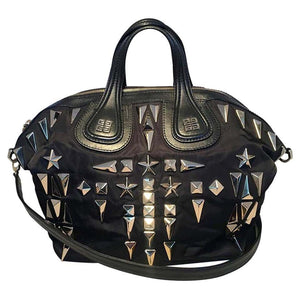 Givenchy Black Nylon and Leather Silver Studded Medium Nightingale Tote Bag