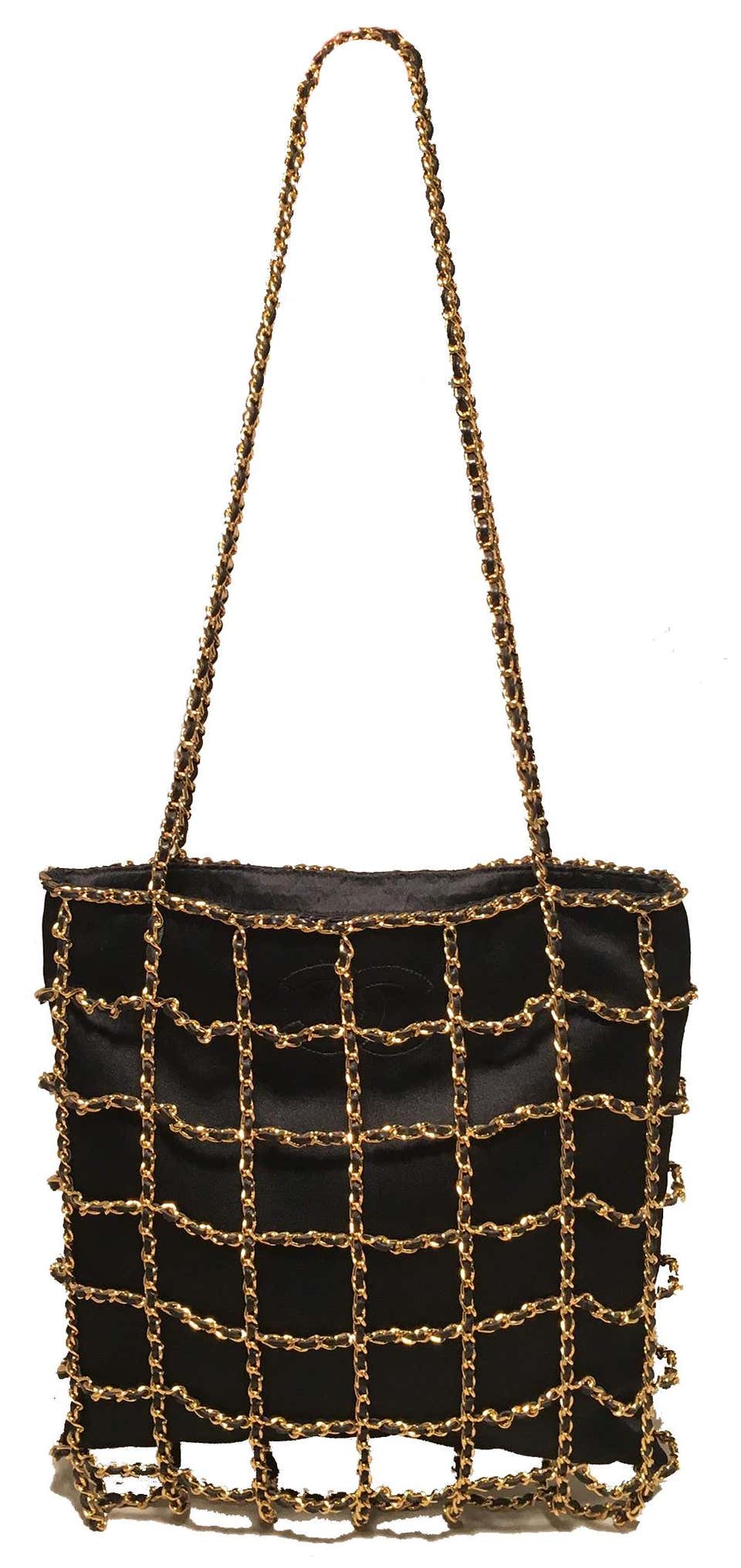 Rare Chanel Vintage Black Silk Chain Cage Evening Shoulder Bag