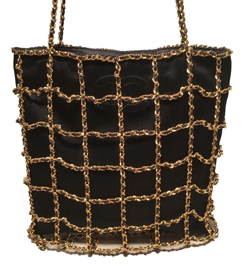 Rare Chanel Vintage Black Silk Chain Cage Evening Shoulder Bag