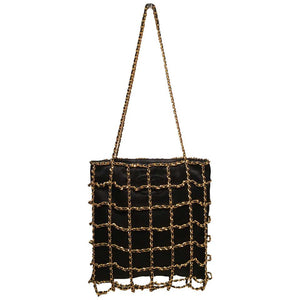 RARE Chanel Vintage Black Silk Chain Cage Evening Shoulder Bag