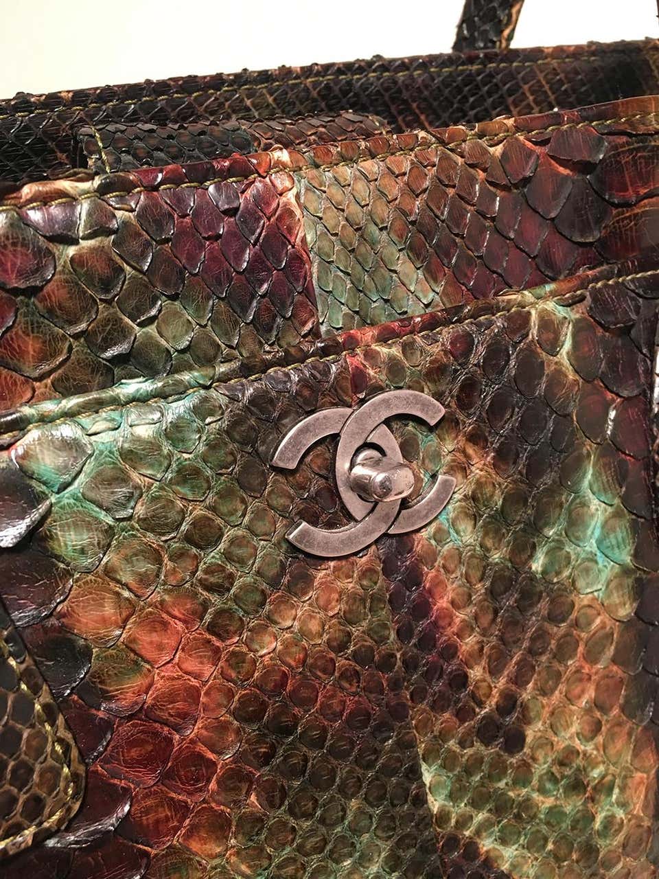 Chanel Green and Brown Multicolor Python Snakeskin Cerf Tote Handbag