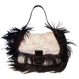 Fendi Cream Knit Crochet Long Fur Trim Baguette Shoulder Bag