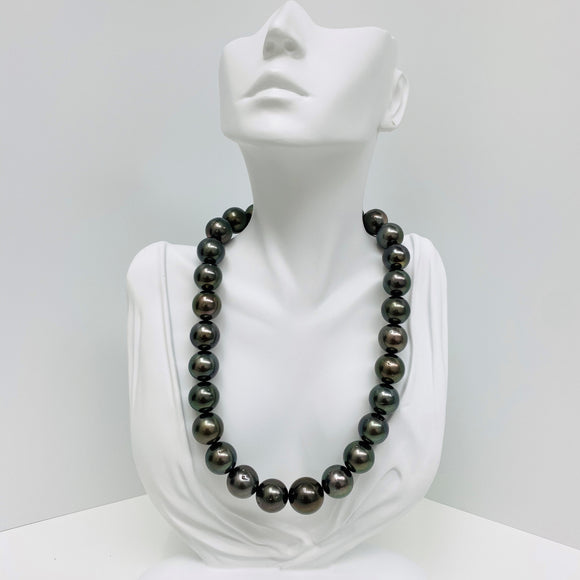 15-17mm Tahitian Dark Green Round Pearl Necklace with Gold Clasp