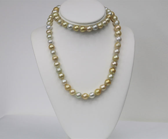 9-13mm South Sea White and Gold Near Round Necklace with Gold Clasp