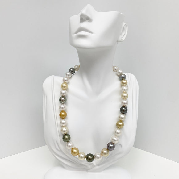 12-14mm South Sea White and Golden and Tahitian Round/Near-Round Pearl Necklace with Gold Clasp