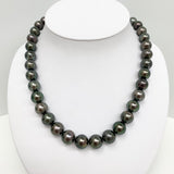 11-12mm Tahitian Dark Green Round/Near-Round Pearl Necklace with Gold Clasp