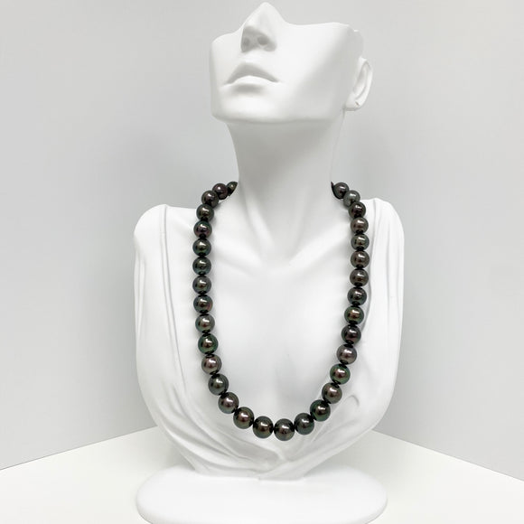 11-12mm Tahitian Dark Green Round/Near-Round Pearl Necklace with Gold Clasp