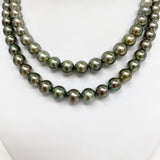 8-10mm Tahitian Silver Green Near-Round Double-Strand Pearl Necklace with Gold Clasp