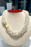 15 strands of biwa pearls with sapphire beads and a 14k yellow gold clasp 18inches about 3mm